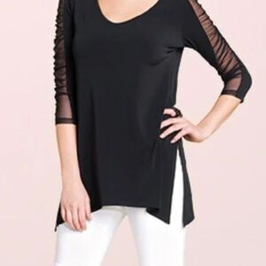 Clara Sun Woo Womens Black Top Ruched Sheer 3/4 Sleeve Stretch V Neck XS